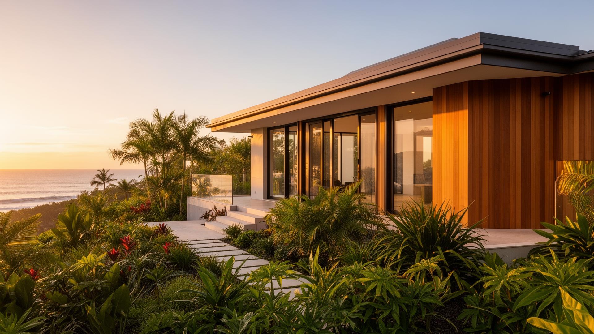Luxury Noosa coastal home at golden hour